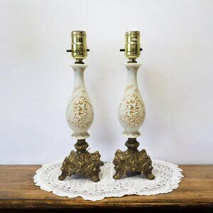 2 VTG Bisque Cherub Boudoir Table Lamps Metal Base MCM Bedside Light Cupid 12"
